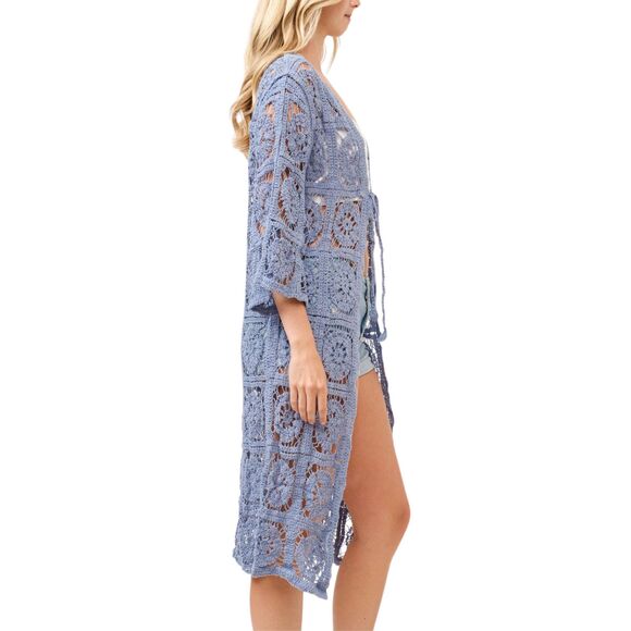 Periwinkle Blue Crochet Kimono Long Swimwear Coverup Beach Swimsuit One Size - Picture 2 of 2